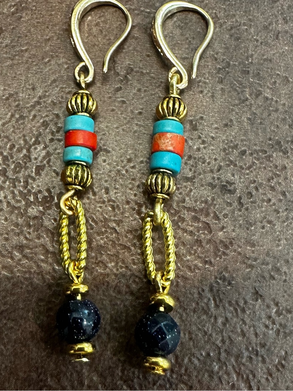 Gold-Tone Turquoise & Jasper Bead Drop Earrings with Dark Blue Sparkle